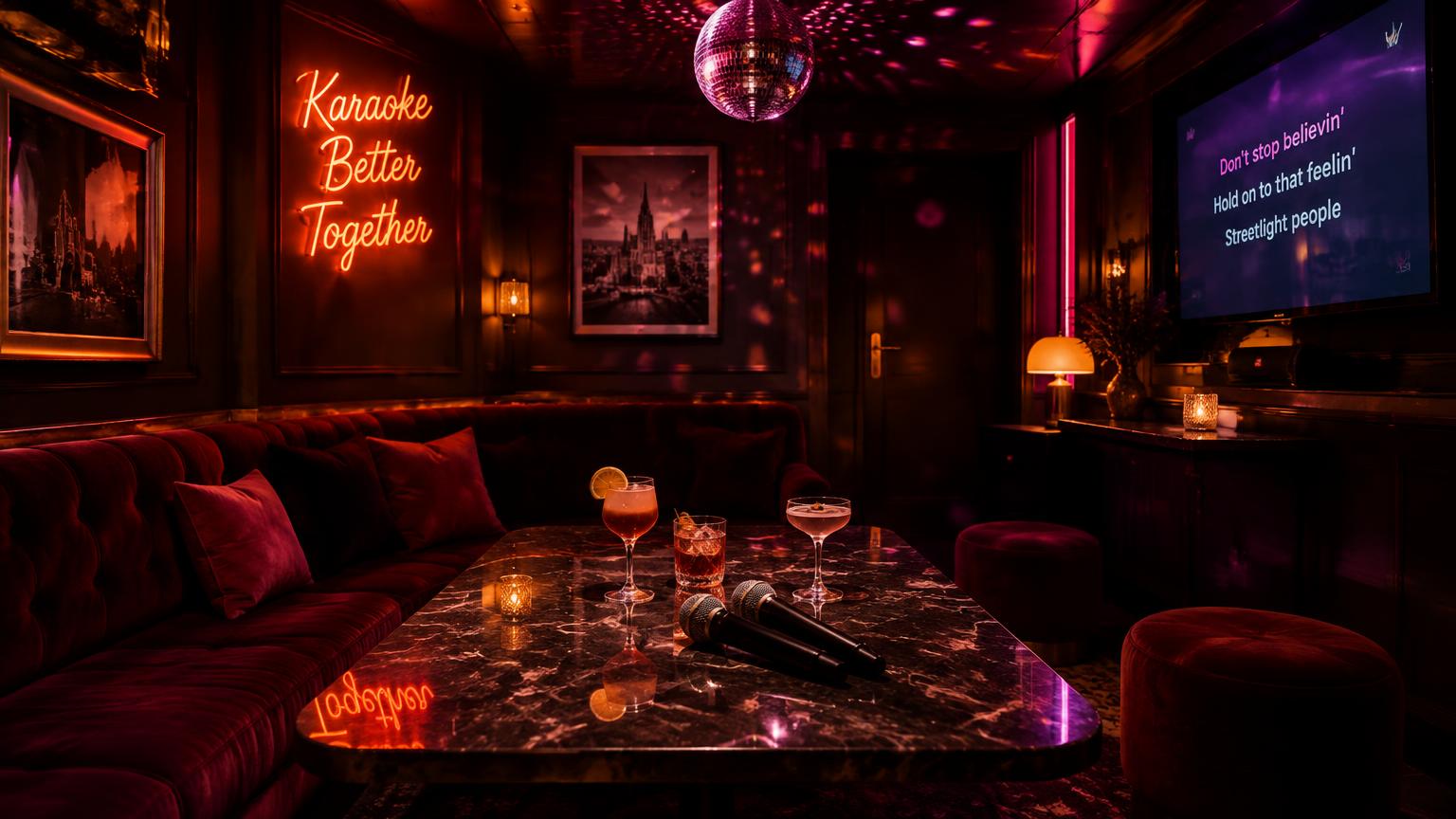 Private Karaoke-Bar in Wien mit Neonlicht und Mikrofon